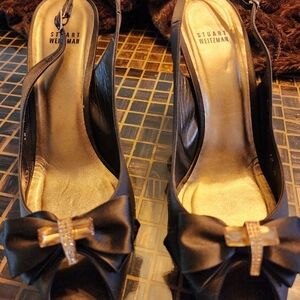 Stuart Weitzman Black Satin Bow Heels